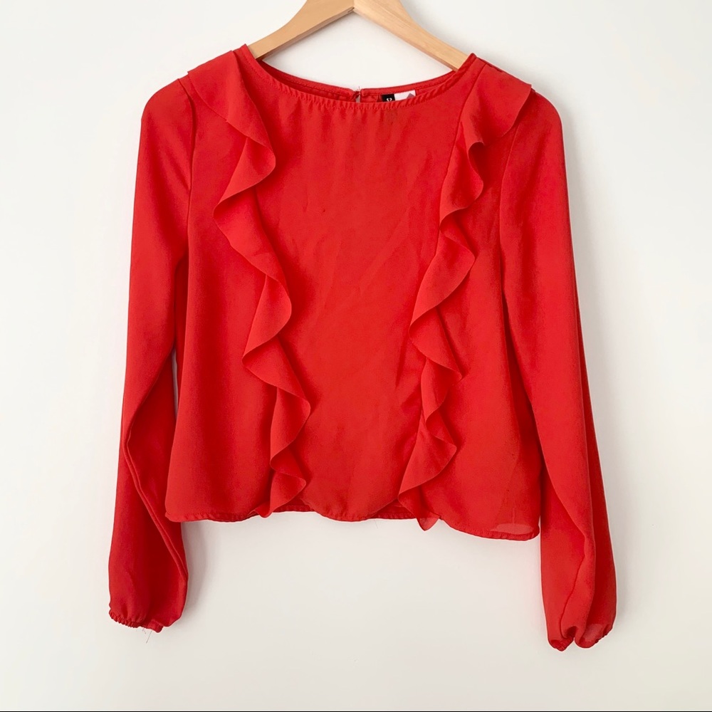 H&M Divided Bright Red Cropped Ruffle L/S Blouse